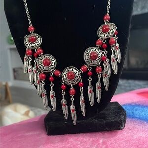 Vintage Bohemian Red and Silver Feather Necklace